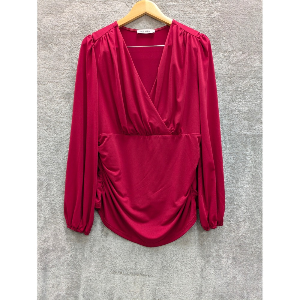Elegant Ruched Wrap Blouse Women XL Red Long Puff Sleeve V-Neck Top